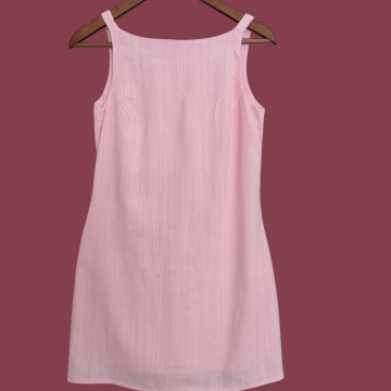 PEMBE ASKILI MİNİ KETEN ELBİSE